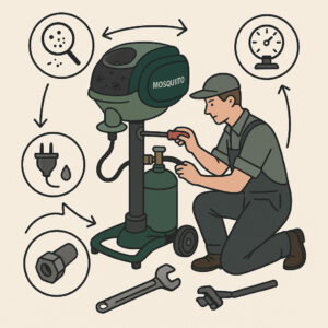 Illustrasjonstegning av en mann som tar service på en myggfelle